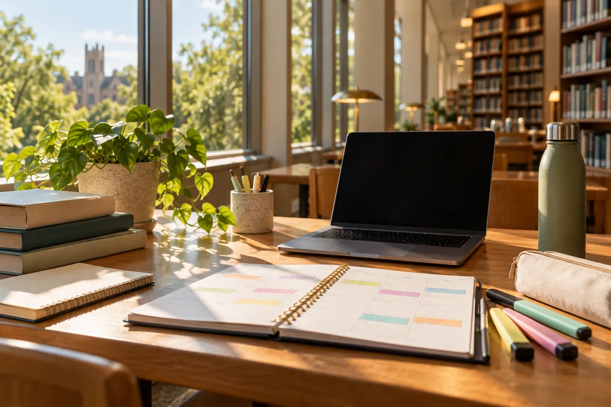 Étudiant organisant son planning de révisions avec un agenda dans une bibliothèque universitaire